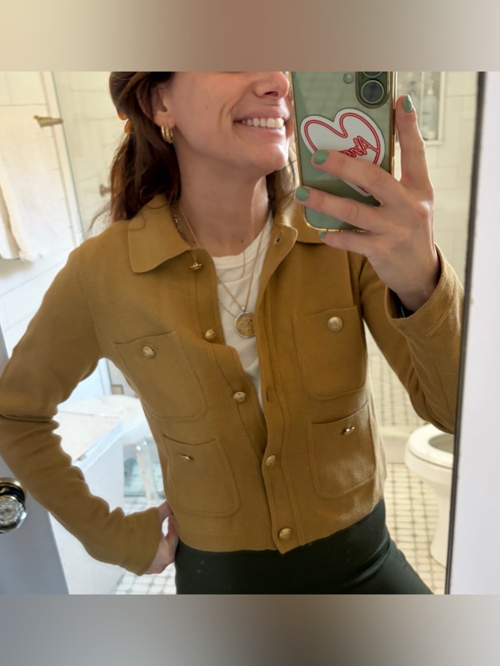 J.Crew Patch Pocket Sweater Lady Jacket XS Tan Gold Button Cardigan Preppy